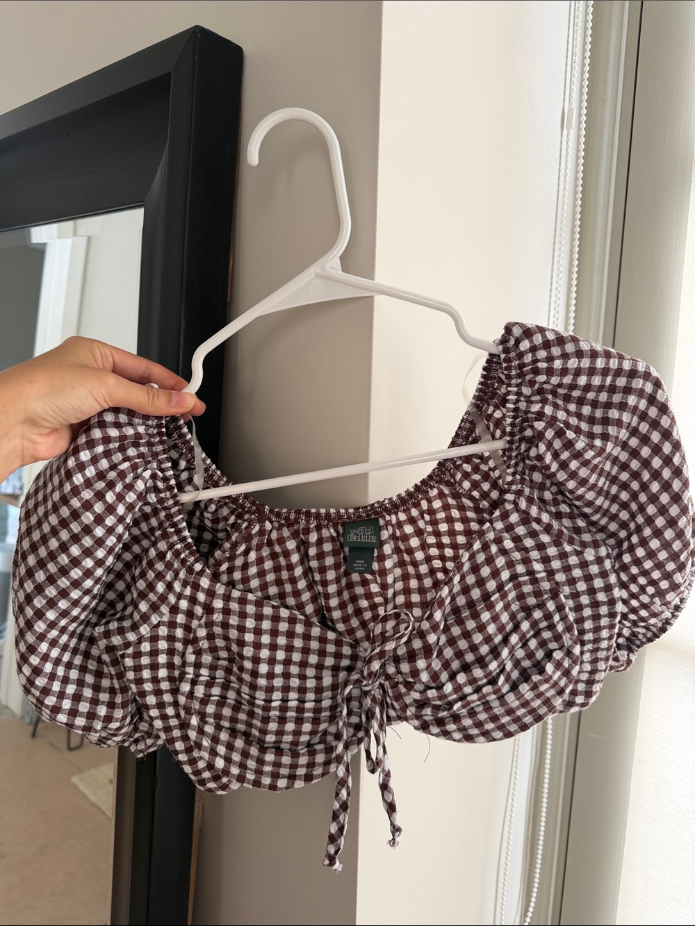 Madewell Brown and White Gingham Puff-Sleeve Crop Top